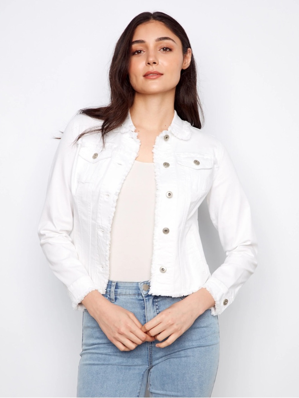 CHARLIE B White Frayed-Edge Denim Jacket